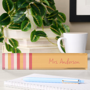 Teacher Pink Orange and Gold Stripes Script Name Desk Name Plate