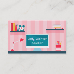Teacher Pink Stripes School Theme Business Card