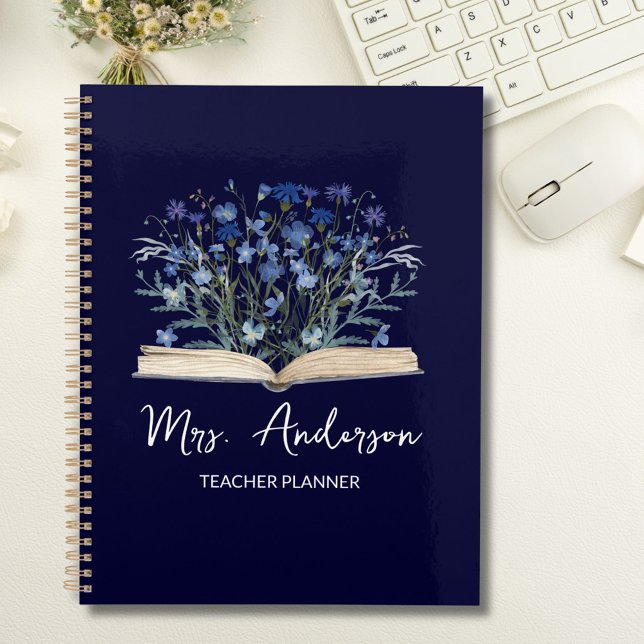 Teacher Planner Blue Wildflowers Grow From Book (In situ)