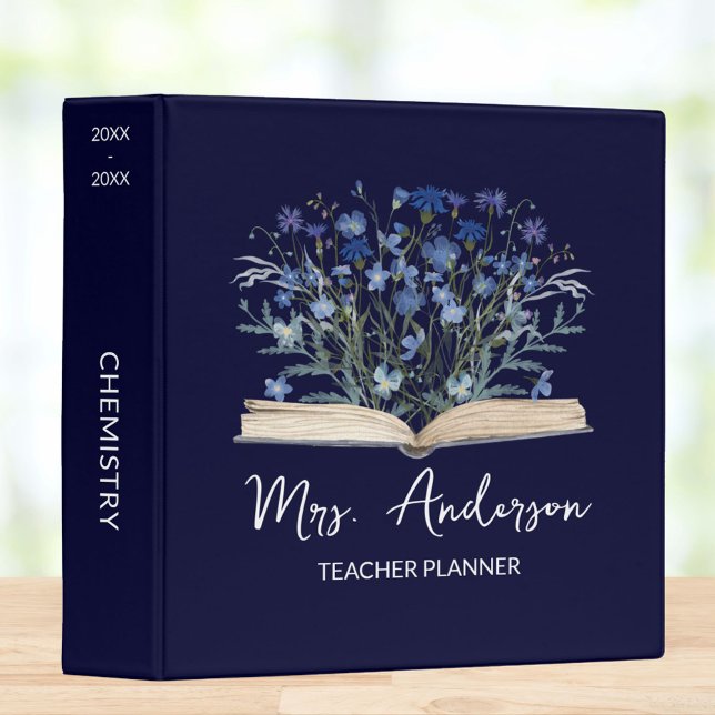 Teacher Planner Blue Wildflowers Grow From Book 3 Ring Binder (In situ)