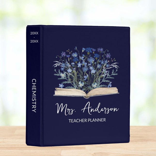 Teacher Planner Blue Wildflowers Grow From Book Mini Binder (In situ)