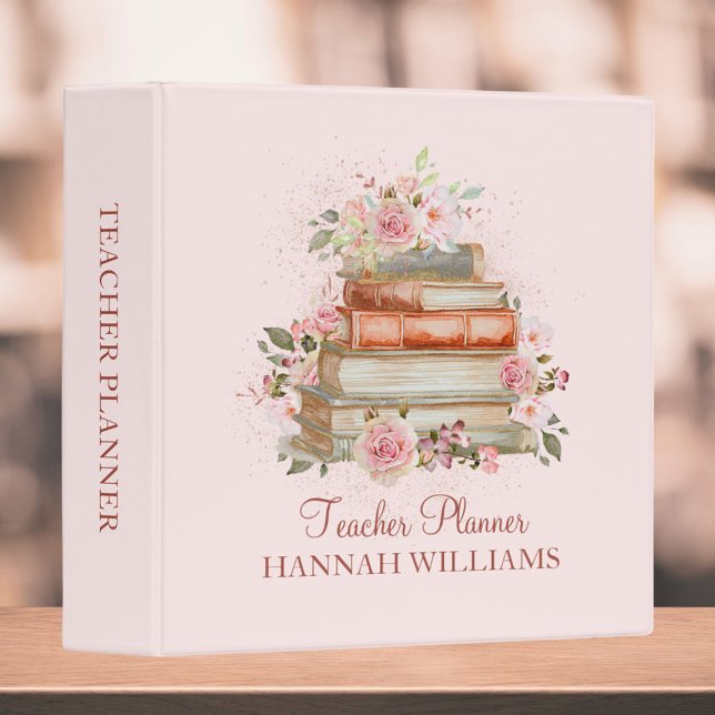 Teacher Planner Books and Vintage Pink Roses 3 Ring Binder (In situ)