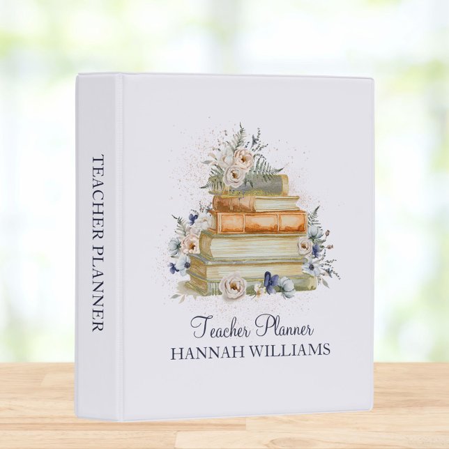 Teacher Planner Books Vintage Beige Blue Flowers Mini Binder (In situ)