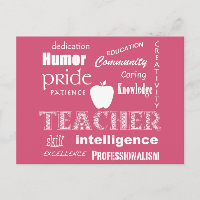 Teacher Pride+White Text Design/Pink Postcard (Front)