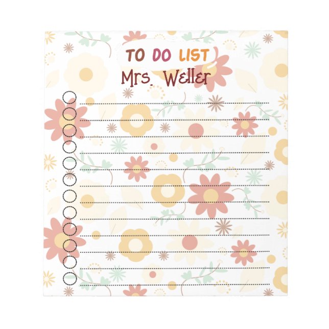 Teacher Principal Fall Floral Custom To-Do Notepad (Front)