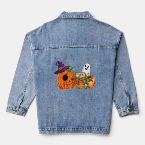 Teacher Pumpkin Witch Scary Book Pens Ghost Happy  Denim Jacket