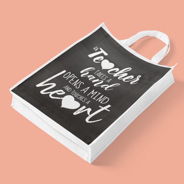 Teacher Quote Chalkboard Personalized  Grocery Bag (Teacher takes a hand, opens a mind, and touches a heart custom tote bag. )
