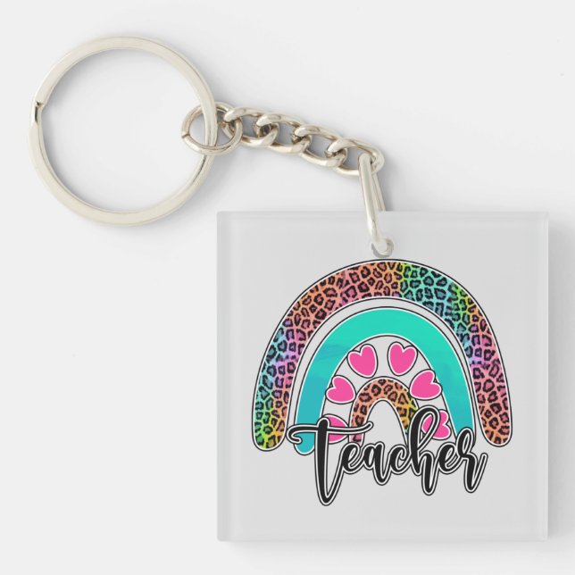 Teacher Rainbow – Colorful Leopard Print Keychain (Front)