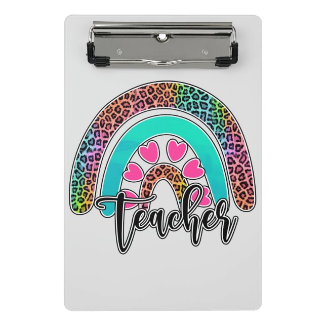 Teacher Rainbow – Colorful Leopard Print Mini Clipboard (Front)