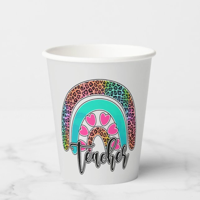 Teacher Rainbow – Colorful Leopard Print Paper Cups (Front)