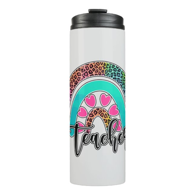 Teacher Rainbow – Colorful Leopard Print Thermal Tumbler (Front)