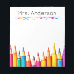 Teacher Rainbow Pencil Paint Splatter Name Notepad<br><div class="desc">Brighten up lesson planning with our "Teacher Rainbow" notepad featuring a vibrant pencil paint splatter design and personalized with your name. A colorful essential for organized teaching!</div>