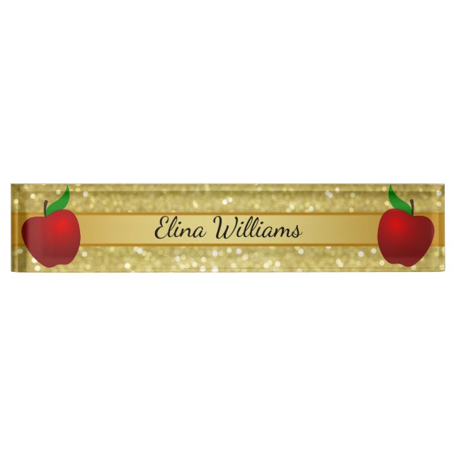 Teacher Red Apple Gold Classic Confetti Desk Name Plate (Front)