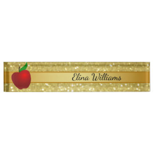 Teacher Red Apple Gold Classic Confetti Name Plate