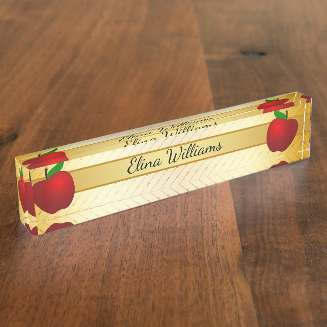 Teacher Red Apple Gold Classic Confetti Nameplate (Side)