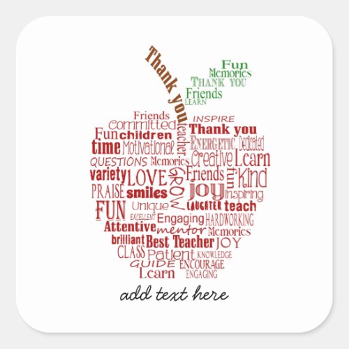 Teacher red Apple word cloud Thank you gift Square Sticker