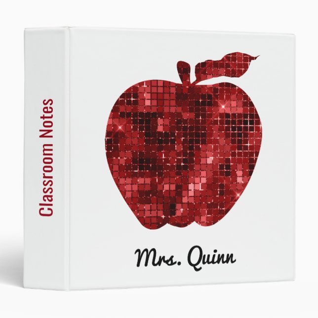 Teacher Red Sequin Apple Classroom Notes Pretty 3 Ring Binder (Front/Spine)