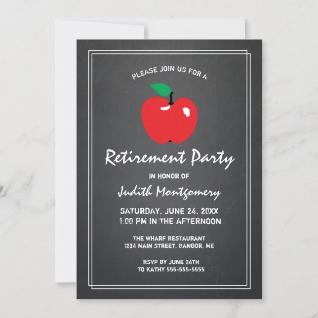 Teacher Retirement Apple Chalkboard Modern Script Invitation (Front)
