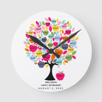 Teacher Retirement Apple Tree With Names Round Clock by GenerationIns at Zazzle