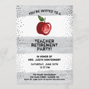 Teacher Retirement Apple Watercolor Gray Stripes Invitation by ilovedigis at Zazzle