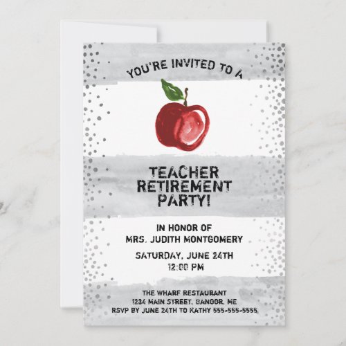 Teacher Retirement Apple Watercolor Gray Stripes Invitation