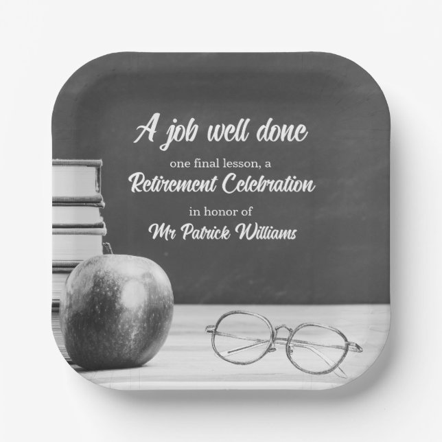 Teacher Retirement Chalkboard Apple Books Noir  Paper Plates (Front)