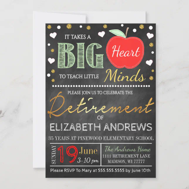 Teacher Retirement Chalkboard Takes a Big Heart Invitation | Zazzle