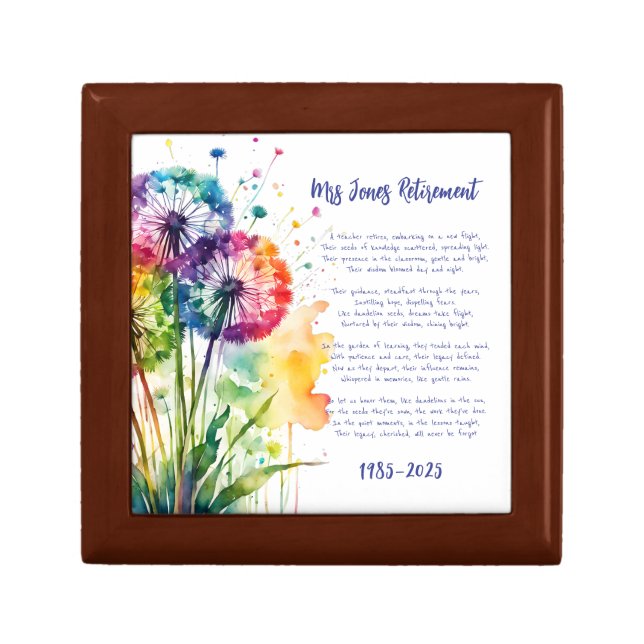 Teacher Retirement keepsake with rainbow dandelion Gift Box (Front)