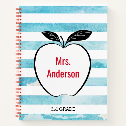 Teachers Apple on Blue Watercolor Stripes Notebook