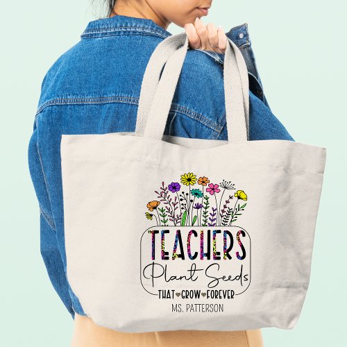 Teacher Sayings Modern Flower Personalized Name Large Tote Bag