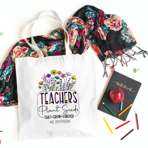 Teacher Sayings Modern Flower Personalized Name Tote Bag