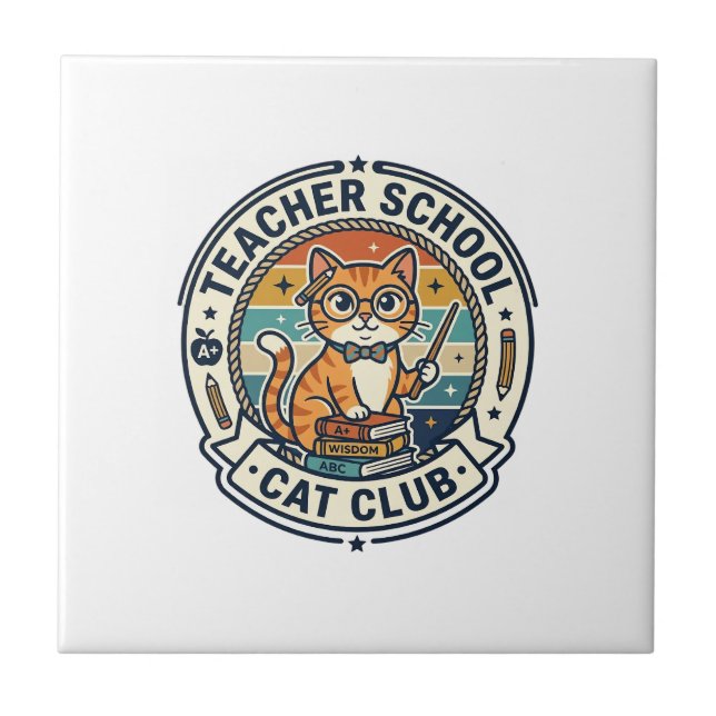 Teacher School Cat Cute Kitty Design - Teacher Sch Ceramic Tile (Front)