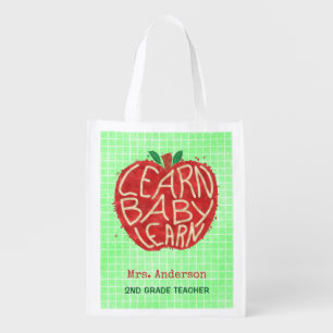 Teacher School Classroom Apple   Learn Baby   Name Reusable Grocery Bag