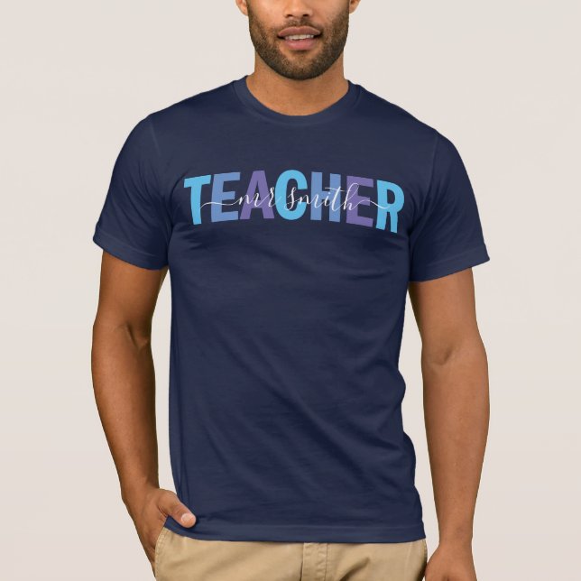 Teacher Script Name Blue and Purple Mens T-Shirt (Front)