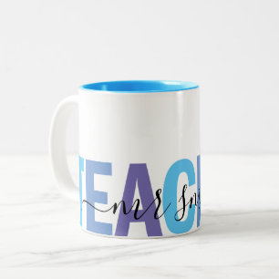 Teacher Script Name Blue and Purple School Two-Tone Coffee Mug
