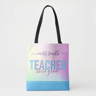 Teacher Script Name Purple Pink Ombre Class Photo Tote Bag