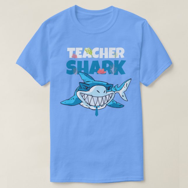 Teacher Shark Funny Blue Smiling Sharp Teeth Fish T-Shirt (Design Front)