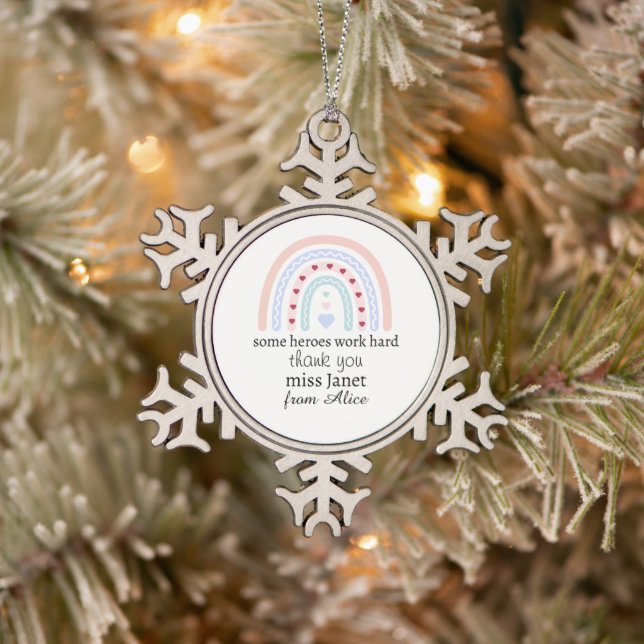 Teacher Simple Christmas Thank You Rainbow Gift Snowflake Pewter Christmas Ornament (Tree)