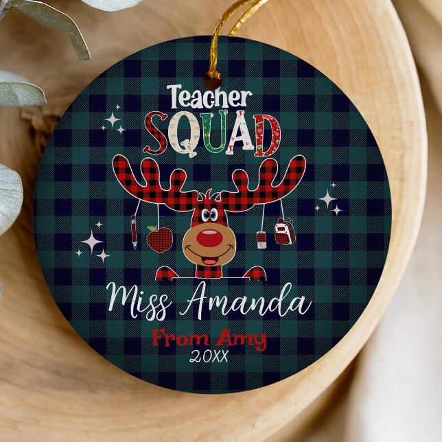 Teacher squad Christmas blue red baffalo plaid Ceramic Ornament (Creator Uploaded)