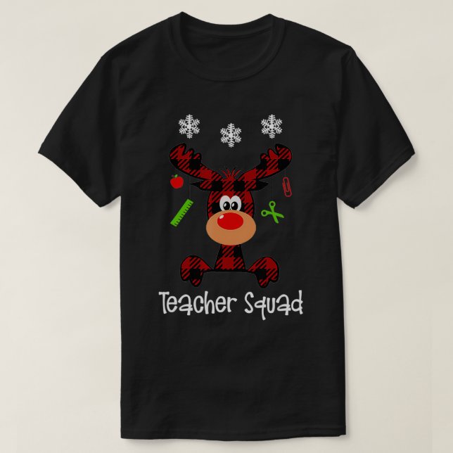 Teacher Squad Christmas Reindeer Gift Buffalo Plai T-Shirt (Design Front)