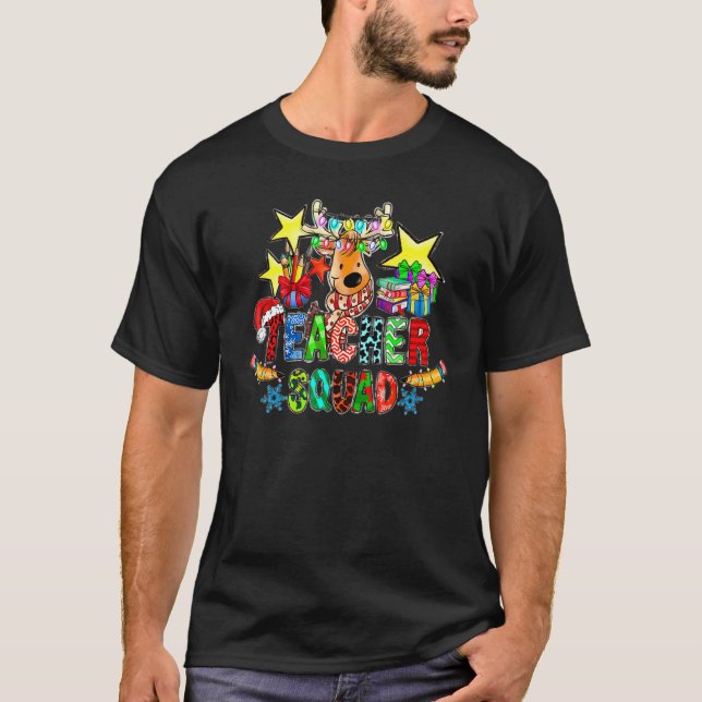 Teacher Squad Leopard Reindeer Xmas Lights Santa H T-Shirt (Front)