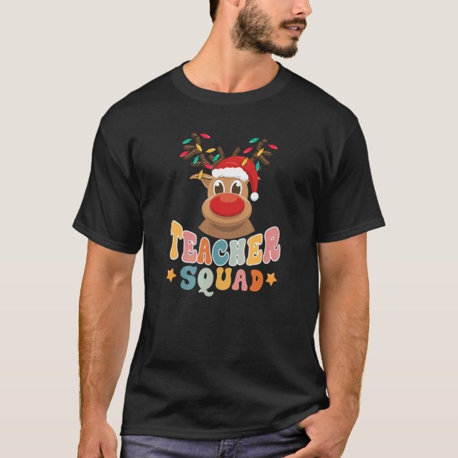 Teacher Squad Reindeer Santa Hat Lights Christmas  T-Shirt (Front)