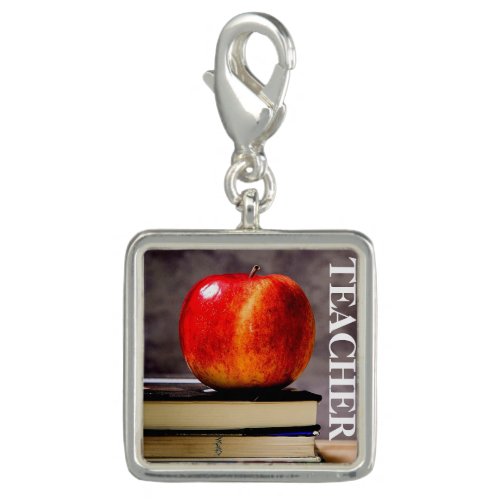 Teacher Square Charm Silver Plated with Apple Charm