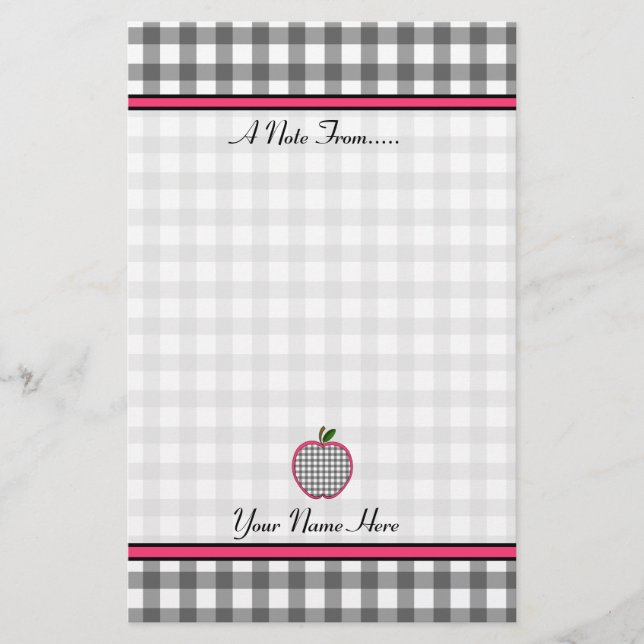 Teacher Stationery - Charcoal Gray Gingham Apple (Front)
