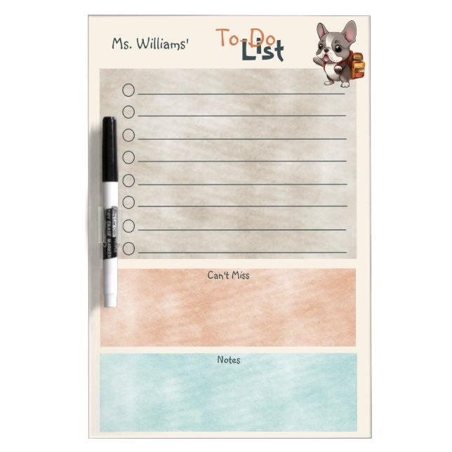 Teacher Student To-Do List French Bulldog School Dry Erase Board (Front)