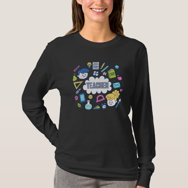 Teacher Study Pencil Apple Caculator Eraser T-Shirt (Front)