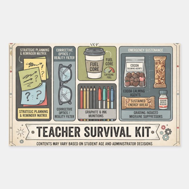 "Teacher Survival Kit" Humorous Educator Supply  Rectangular Sticker (Front)