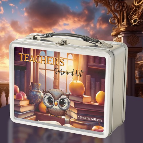 Teacher Survival Kit Owl Books Apples Metal Lunch Box