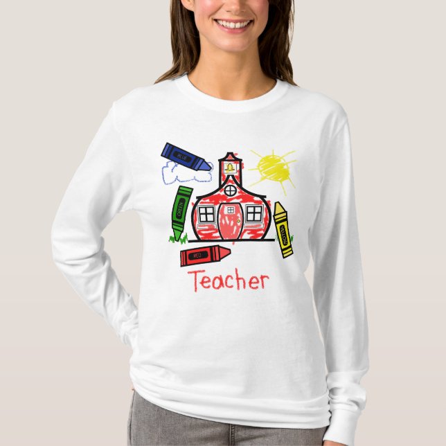 Teacher T Shirt - Schoolhouse and Crayons (Front)