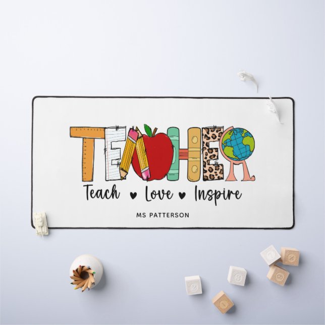 Teacher Teach Love Inspire Personalized Name Desk Mat (Kids Table)